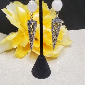 Spike Earrings :: Milky White Jade :: Pewter Spikes :: Handmade